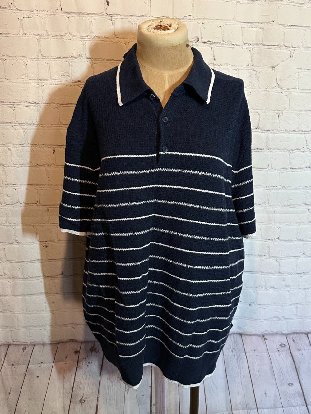 Mens Knit Striped Navy Short Sleeve‎ Polo Size XL Ben Sherman
